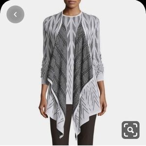 St. John Black/White Viscose Wool Ziri Knit Open Front Waterfall Cardigan Medium